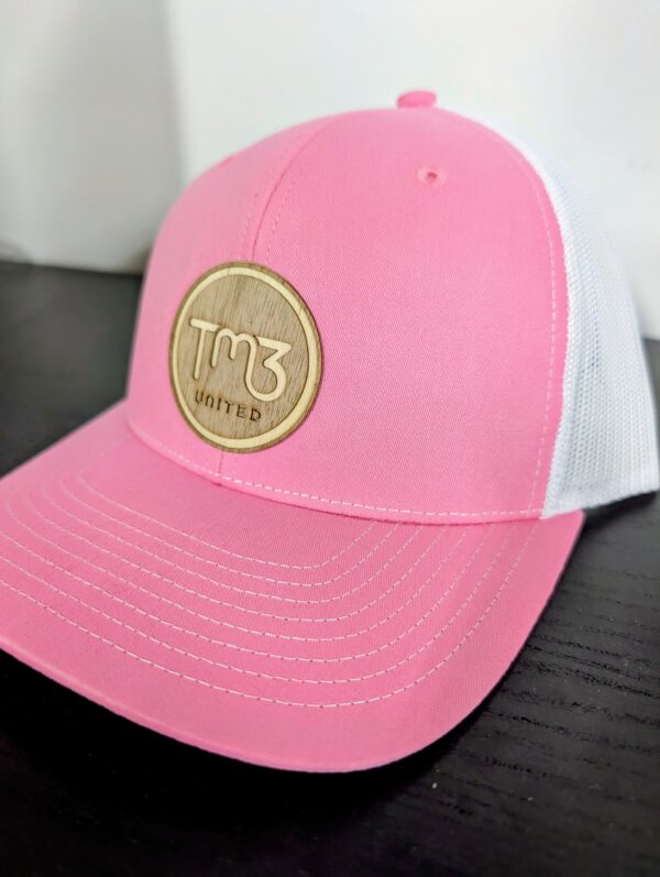 Pink and White Hat with TM3 Wooden Logo - Centered